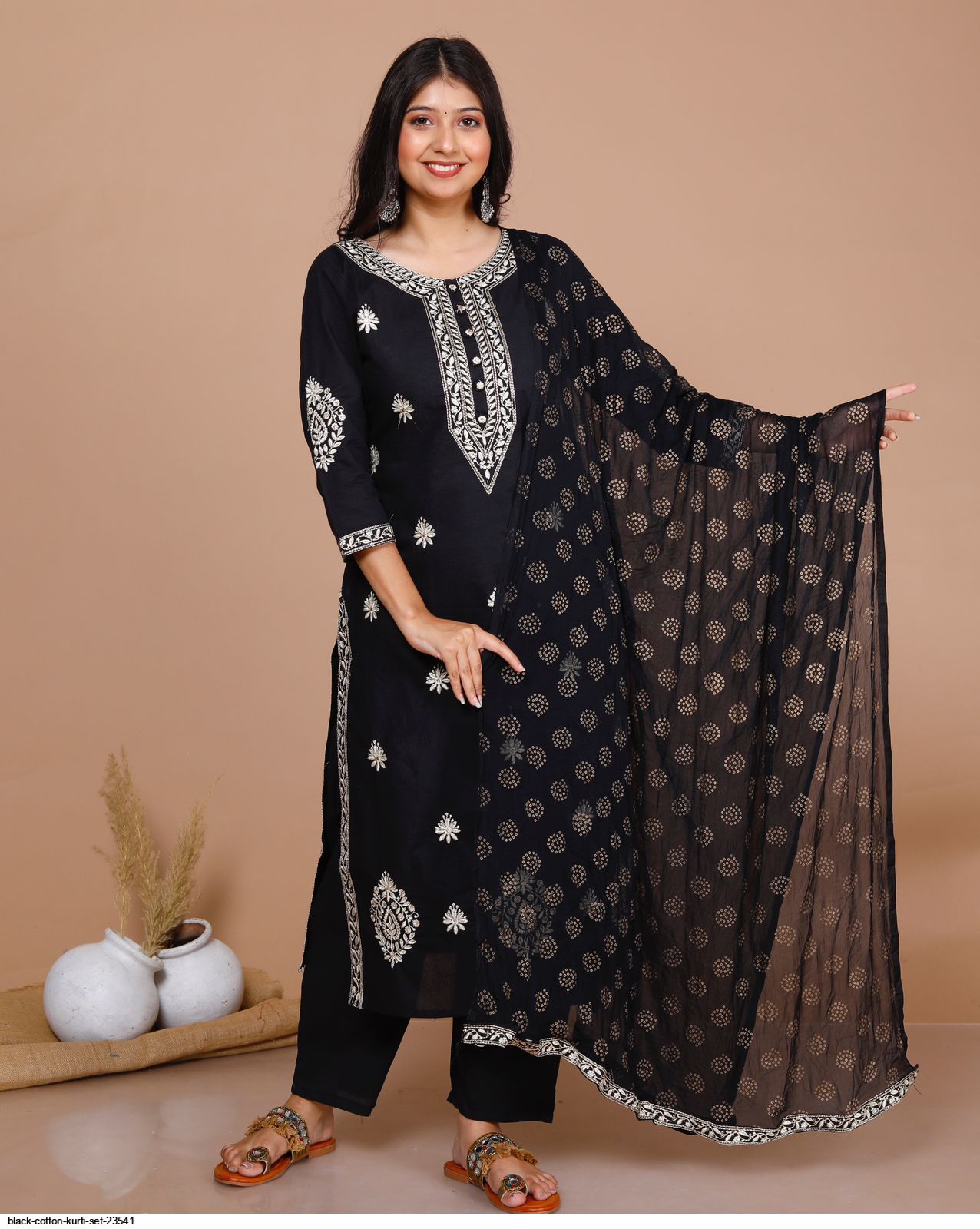 BLACK COTTON KURTI SET 23541