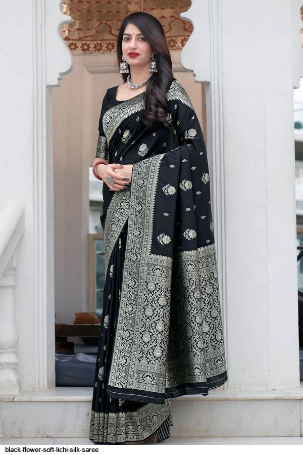 BLACK FLOWER SOFT LICHI SILK SAREE