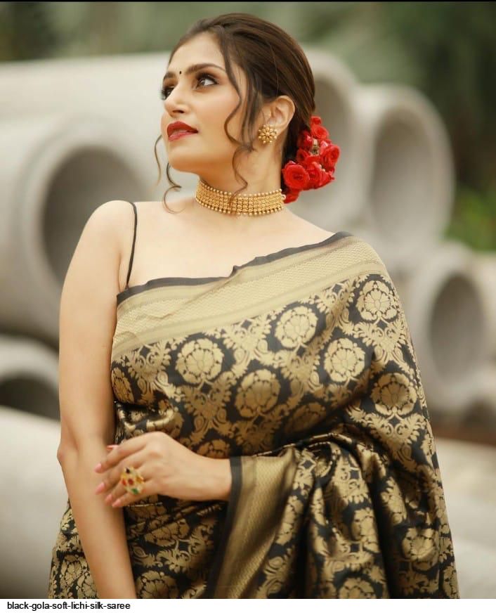 BLACK GOLA SOFT LICHI SILK SAREE