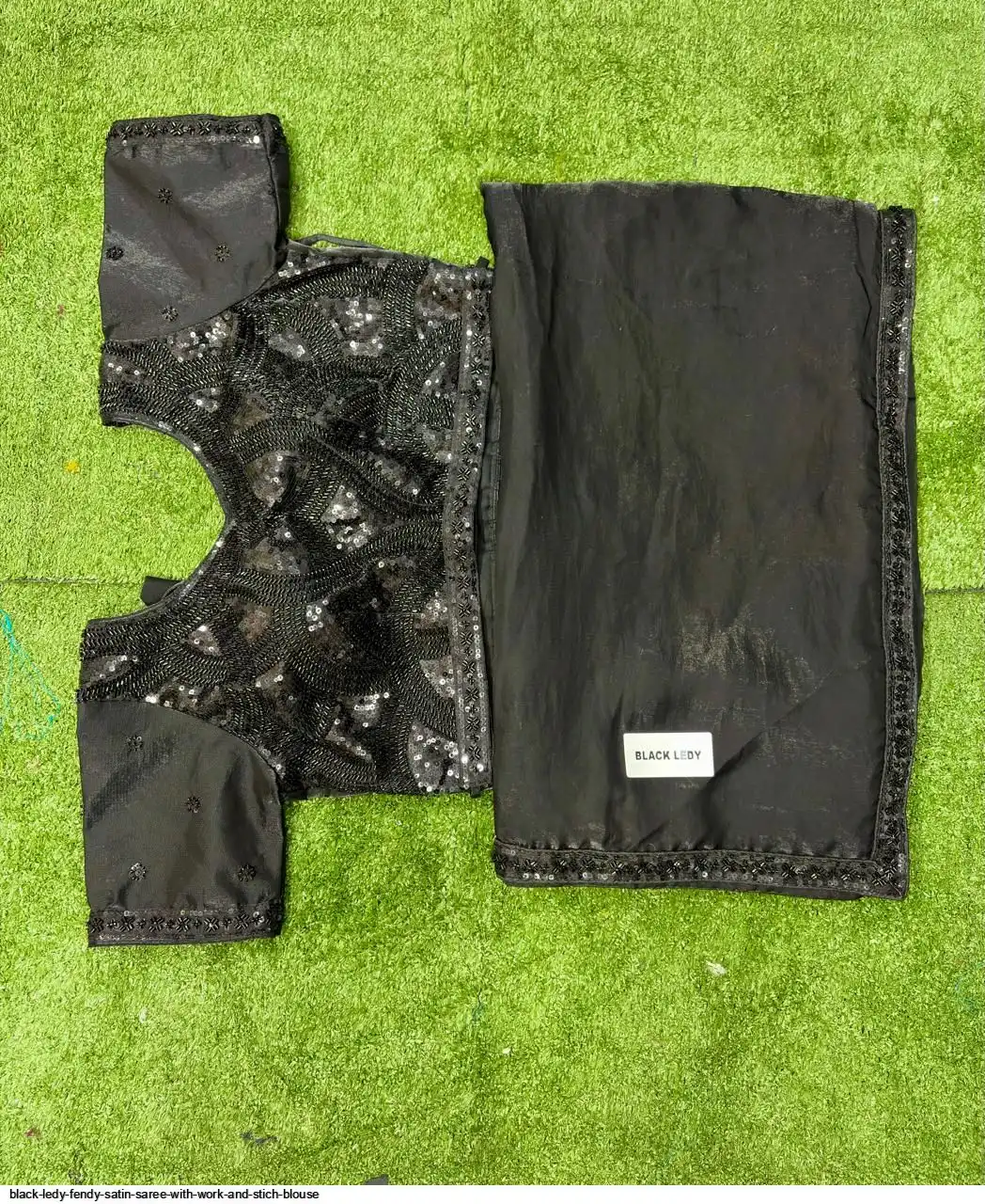 BLACK LEDY FENDY SATIN SAREE WITH WORK AND STICH BLOUSE A