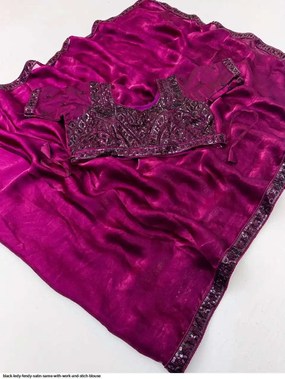 BLACK LEDY FENDY SATIN SAREE WITH WORK AND STICH BLOUSE C