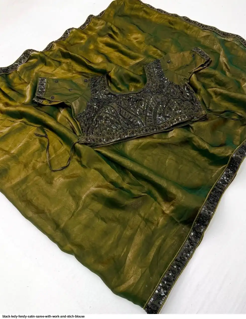 BLACK LEDY FENDY SATIN SAREE WITH WORK AND STICH BLOUSE B