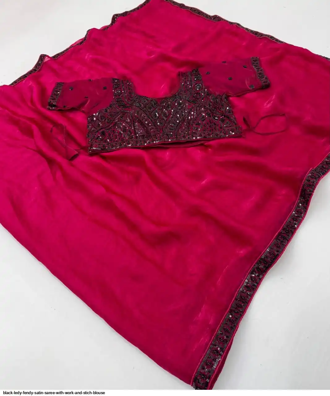 BLACK LEDY FENDY SATIN SAREE WITH WORK AND STICH BLOUSE E