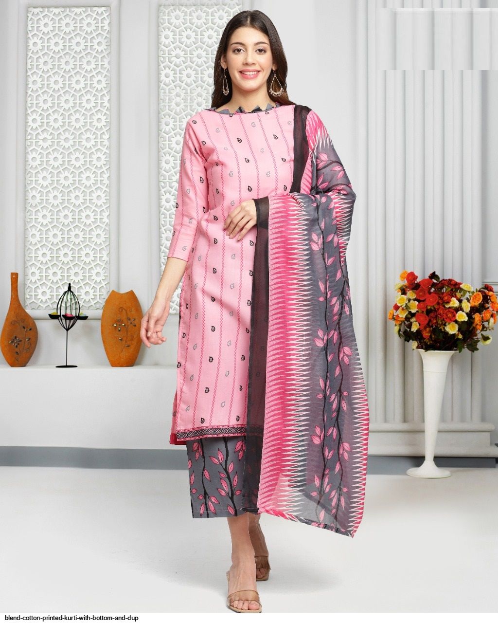 Blend Cotton Printed kurti with bottom and dup