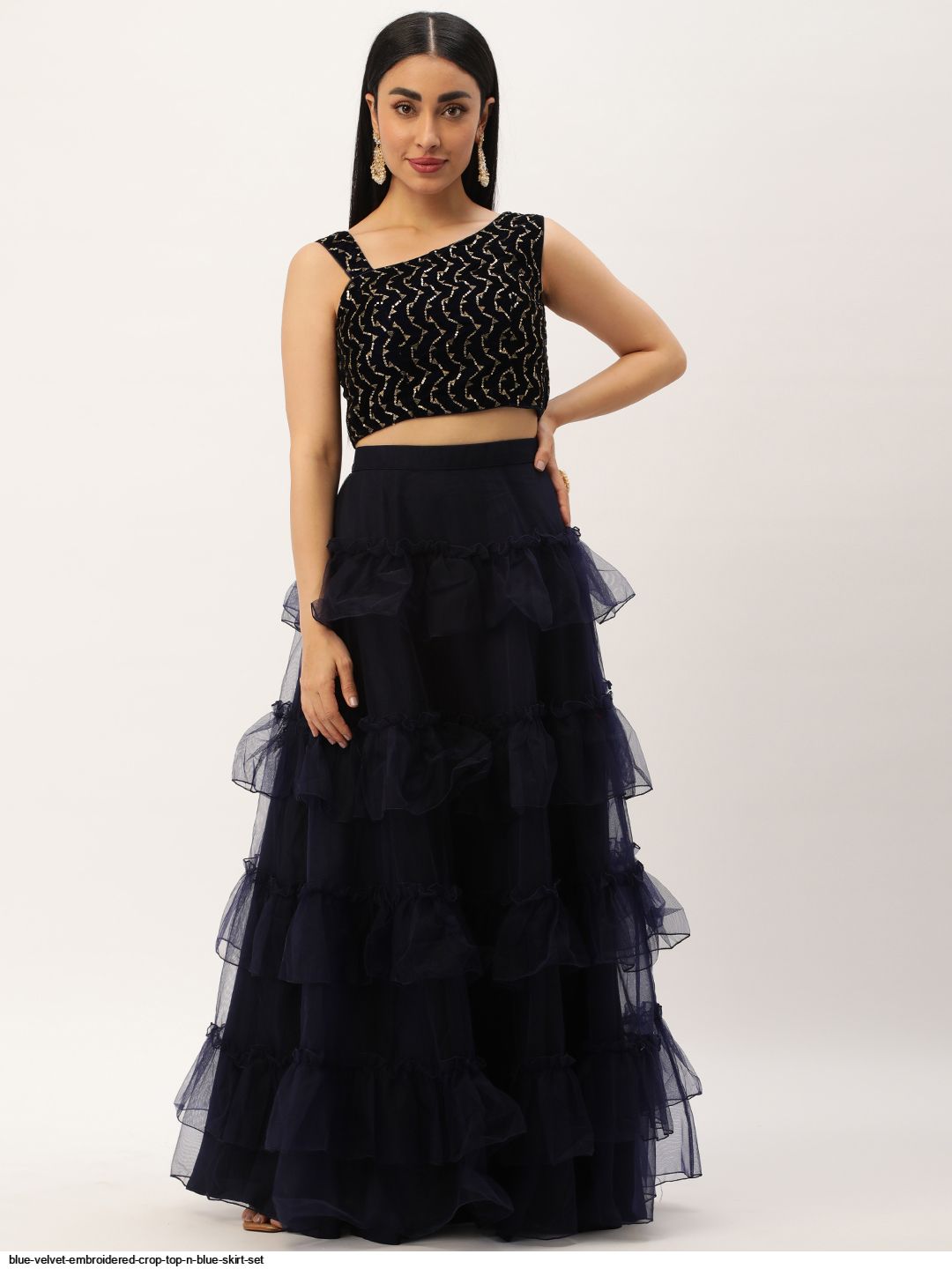 BLUE VELVET EMBROIDERED CROP TOP N BLUE SKIRT SET