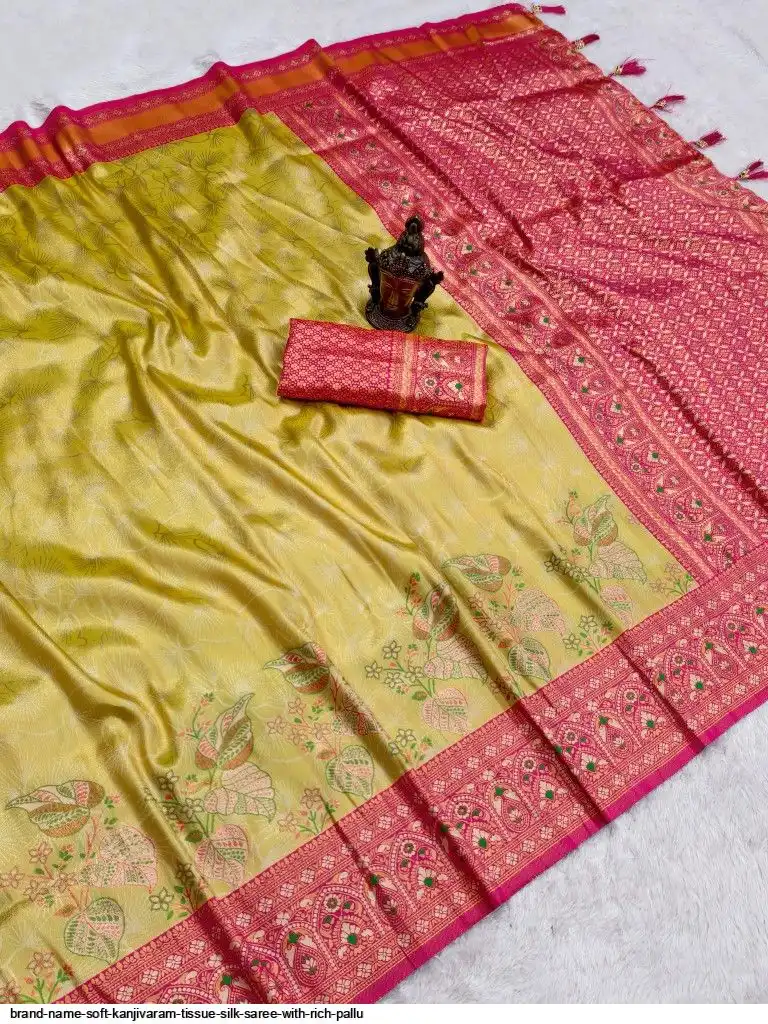 BRAND NAME SOFT KANJIVARAM TISSUE SILK SAREE WITH RICH PALLU F