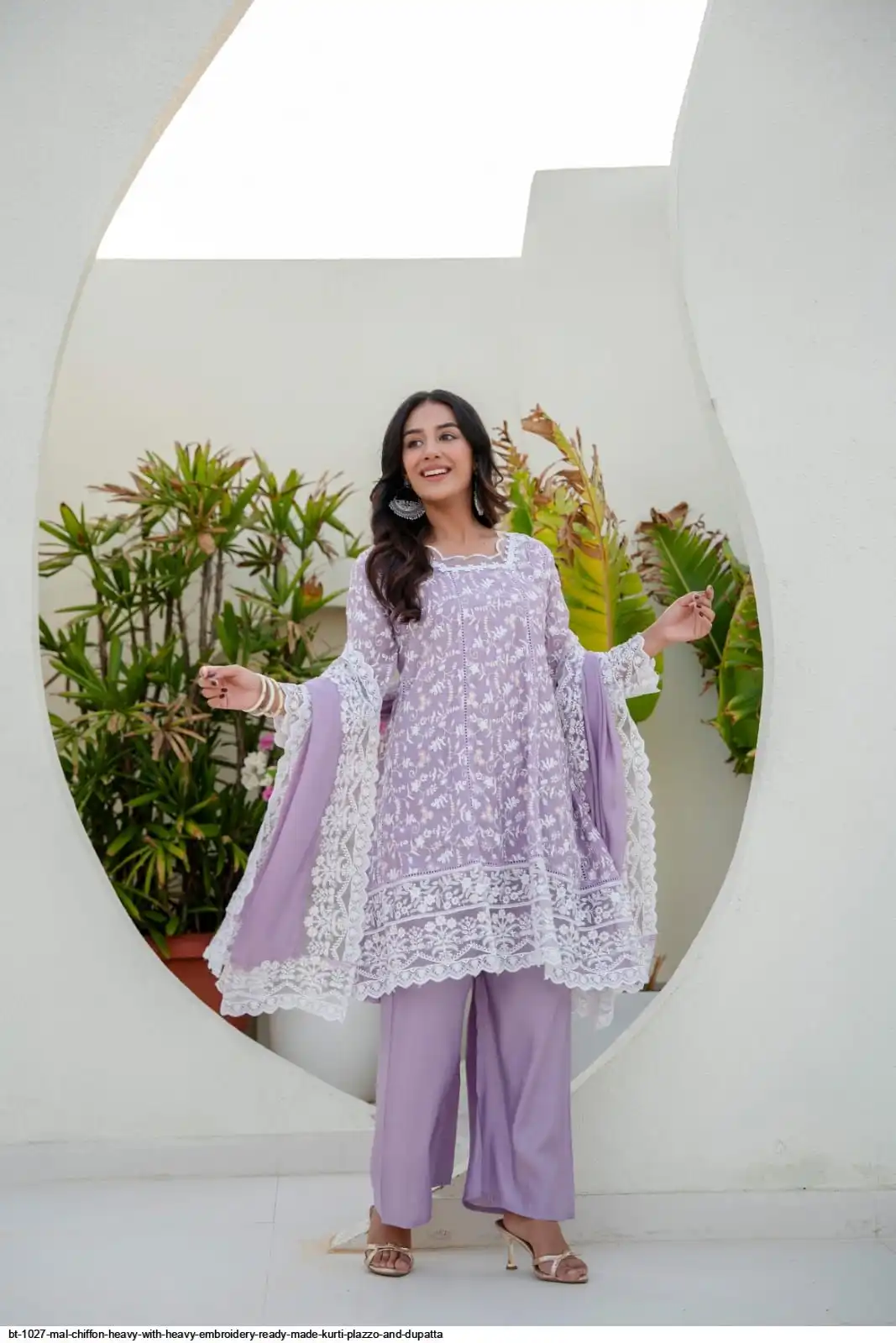 BT 1027 MAL CHIFFON HEAVY WITH HEAVY EMBROIDERY READY MADE KURTI PLAZZO AND DUPATTA 1