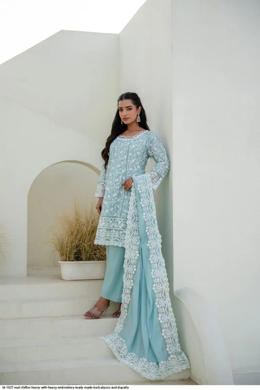 BT 1027 MAL CHIFFON HEAVY WITH HEAVY EMBROIDERY READY MADE KURTI PLAZZO AND DUPATTA 2
