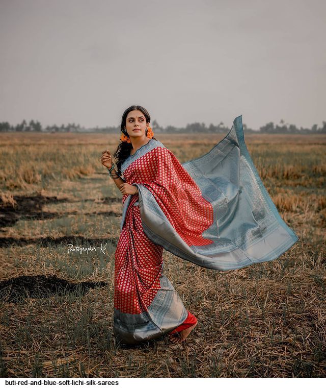 BUTI RED AND BLUE SOFT LICHI SILK SAREES A