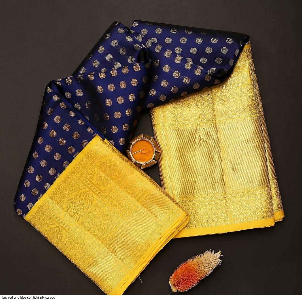 BUTI RED AND BLUE SOFT LICHI SILK SAREES B
