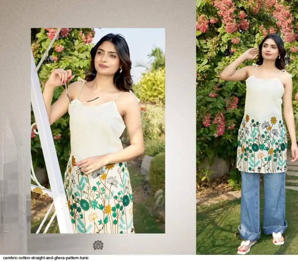 CAMBRIC COTTON STRAIGHT AND GHERA PATTERN TUNIC L