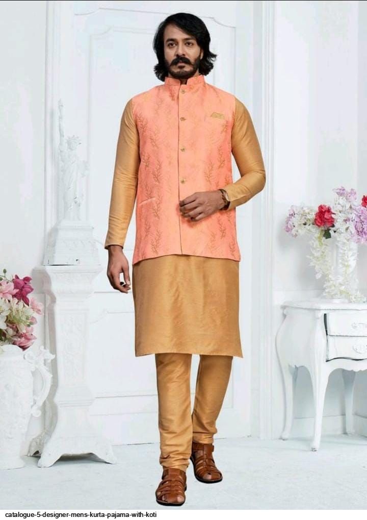 Stunning Peach Color Function Wear Readymade Men Kurta Pyjama With Jacket