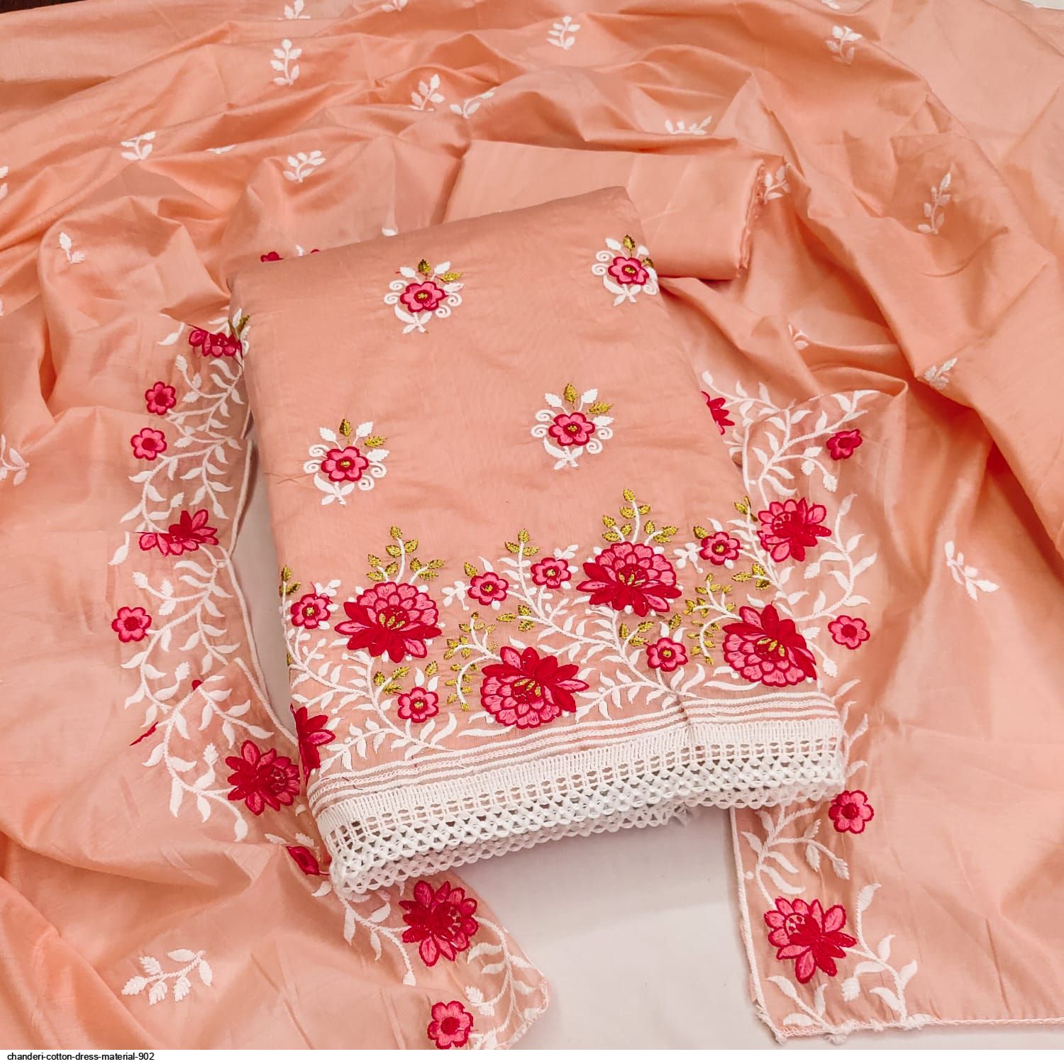 Pink Cotton Dress Material with Embroidery Work - SareesWala.com