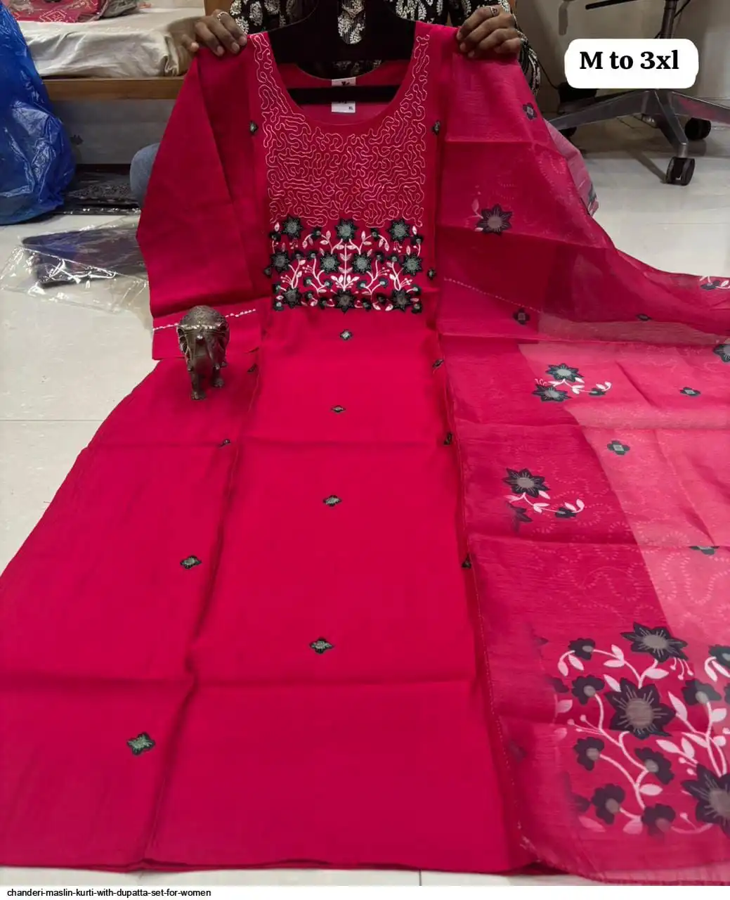 CHANDERI MASLIN KURTI WITH DUPATTA SET FOR WOMEN 3