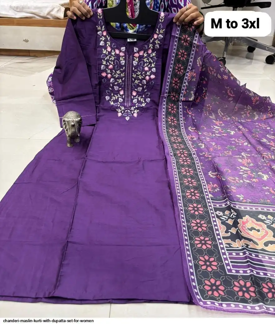 CHANDERI MASLIN KURTI WITH DUPATTA SET FOR WOMEN 15