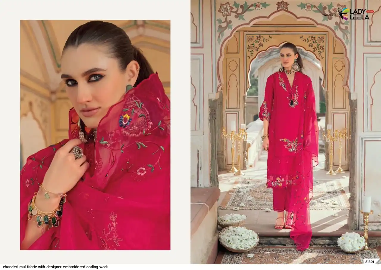 LADY LEELA CHANDERI MUL FABRIC WITH DESIGNER EMBROIDERED CODING WORK 4