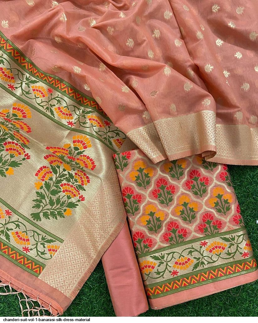 banarasi chanderi silk dress material Pastel Green Woven Banarasi Silk Dress Material