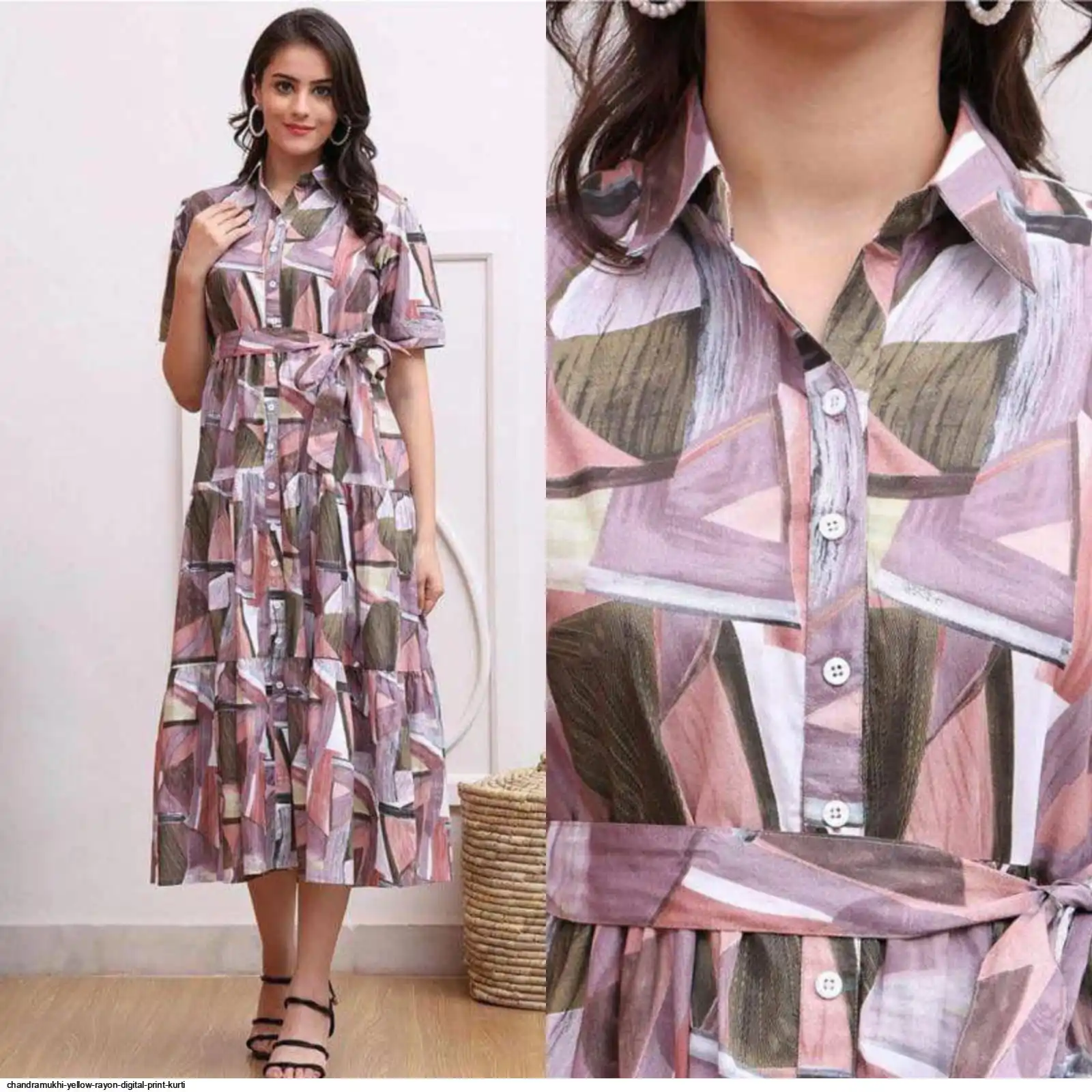 CHANDRAMUKHI YELLOW RAYON DIGITAL PRINT WESTERN KURTI WITH BELT C
