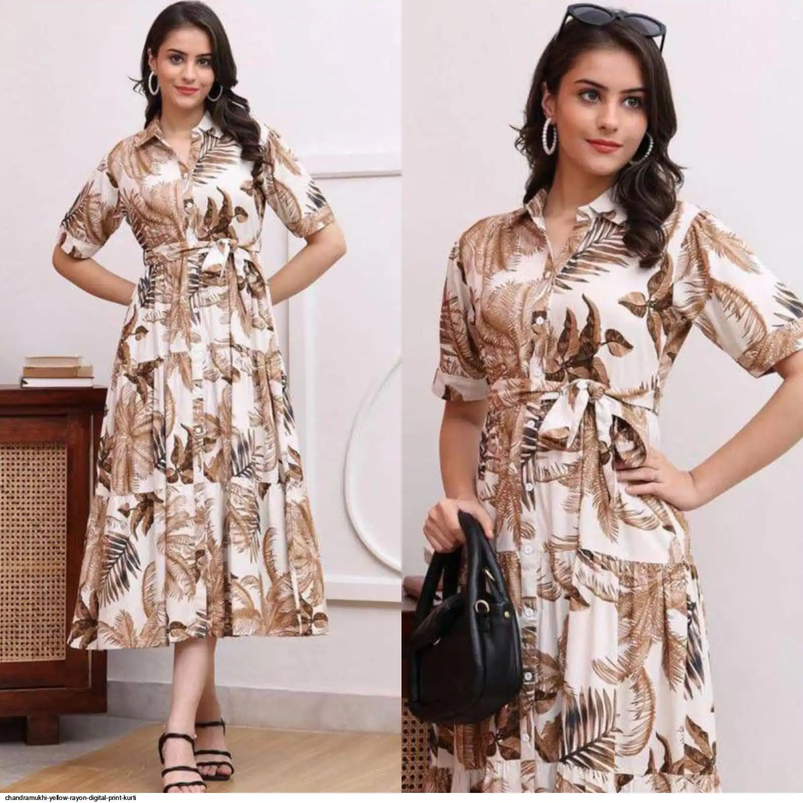 CHANDRAMUKHI YELLOW RAYON DIGITAL PRINT WESTERN KURTI WITH BELT A