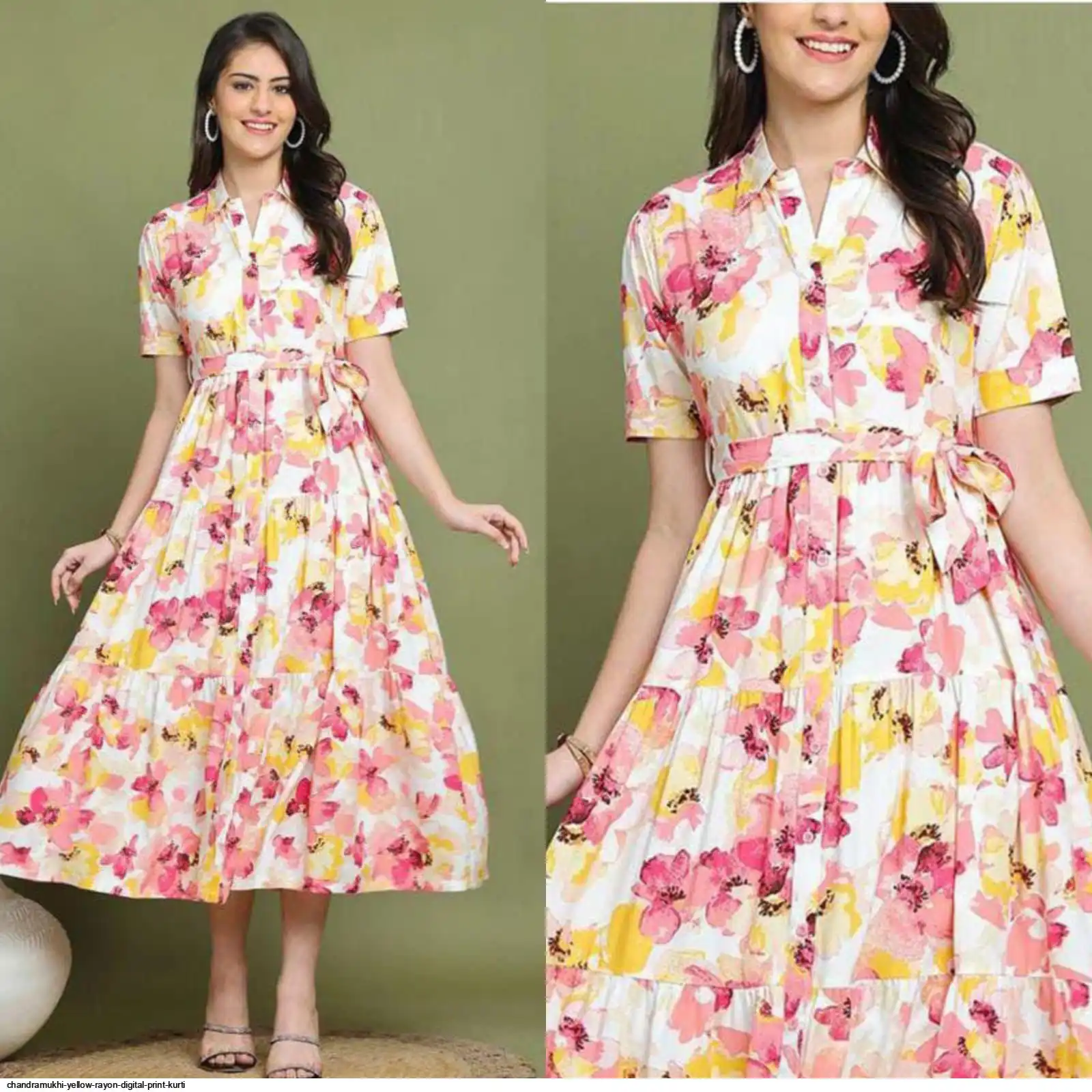 CHANDRAMUKHI YELLOW RAYON DIGITAL PRINT WESTERN KURTI WITH BELT B