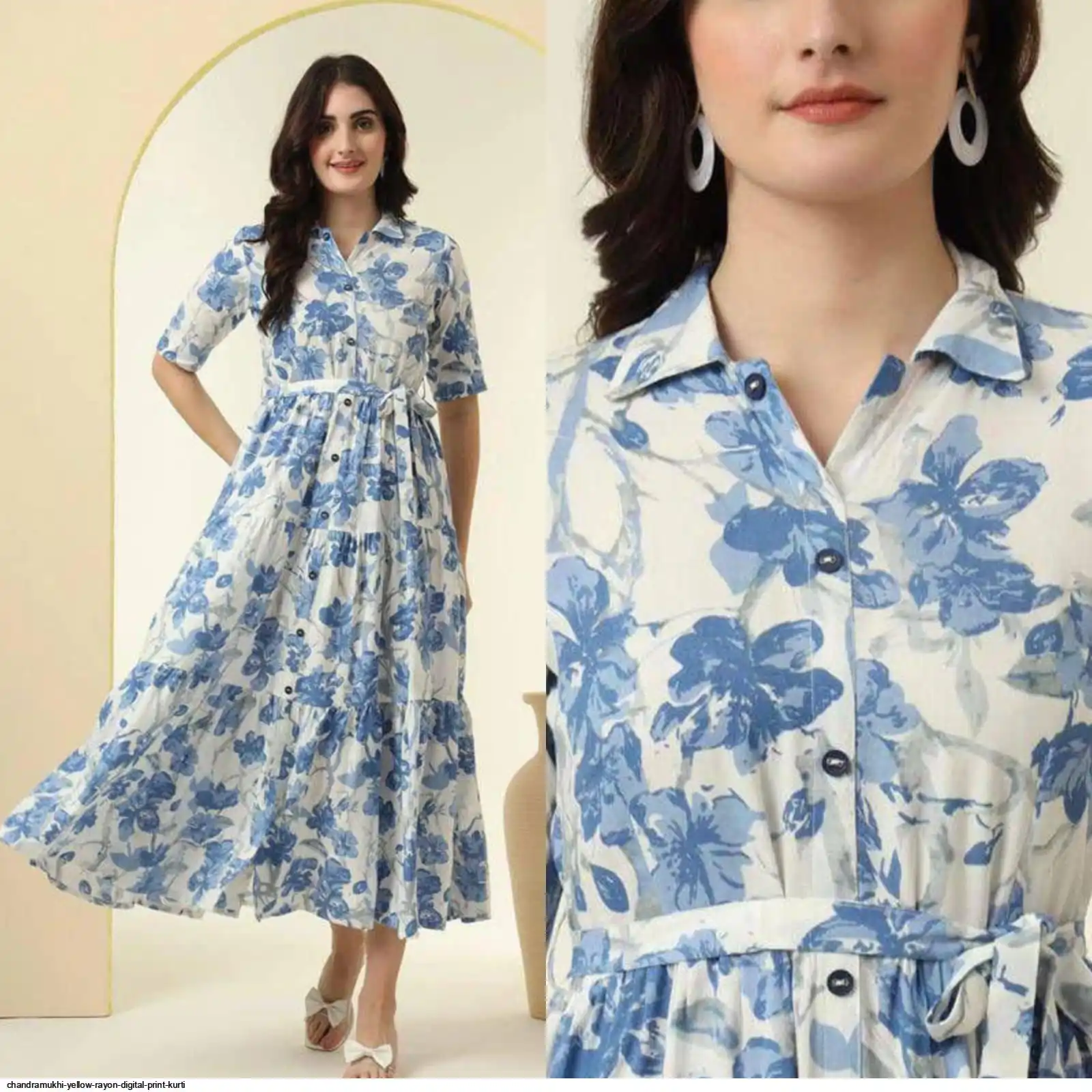 CHANDRAMUKHI YELLOW RAYON DIGITAL PRINT WESTERN KURTI WITH BELT D