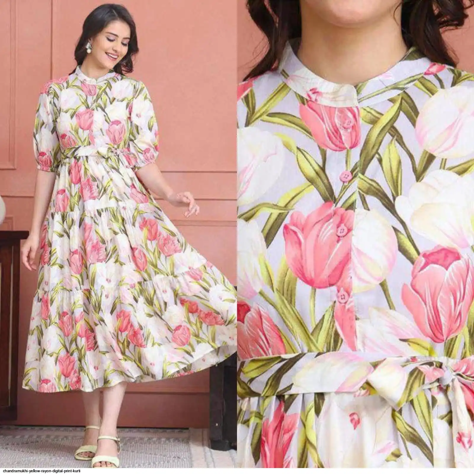 CHANDRAMUKHI YELLOW RAYON DIGITAL PRINT WESTERN KURTI WITH BELT E
