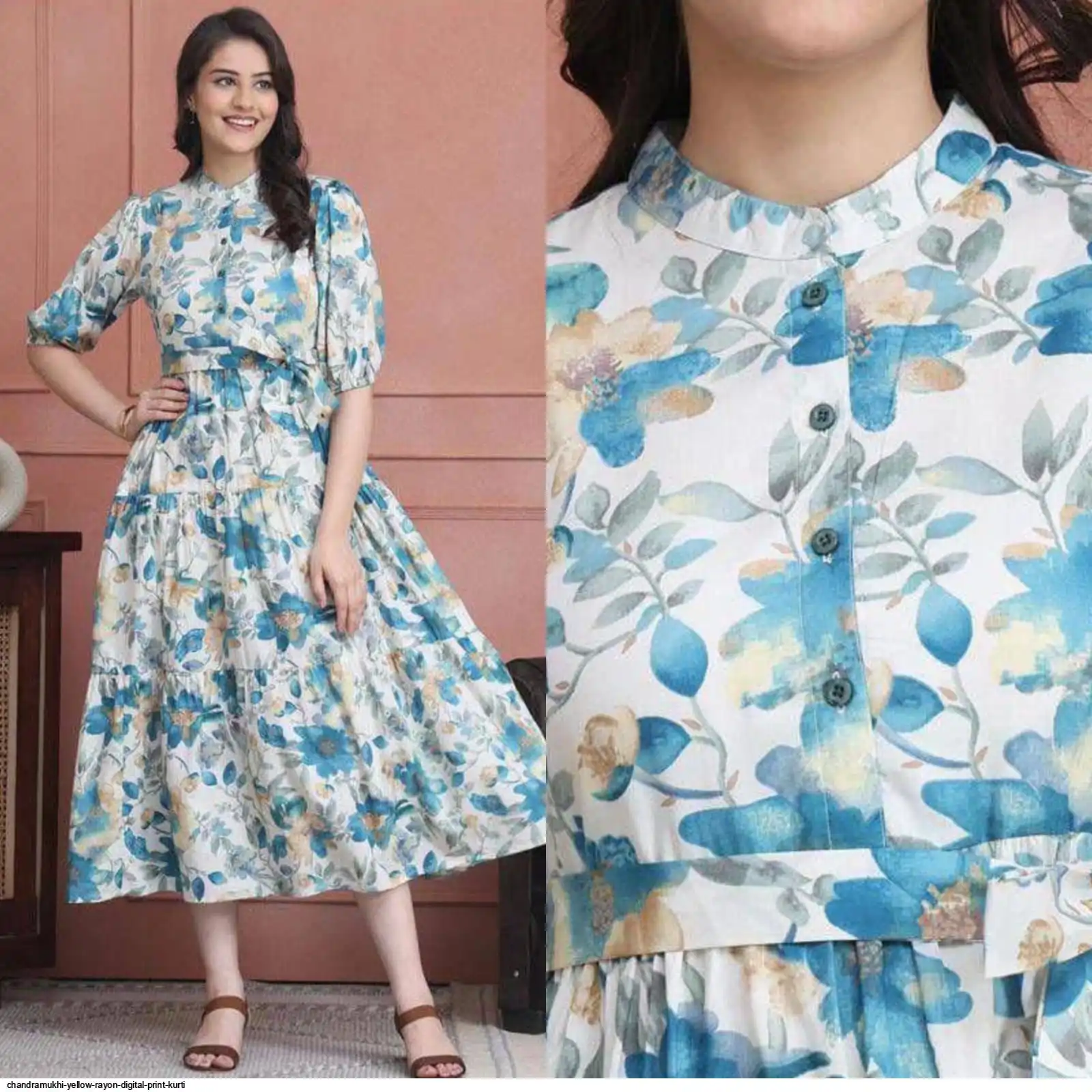 CHANDRAMUKHI YELLOW RAYON DIGITAL PRINT WESTERN KURTI WITH BELT F