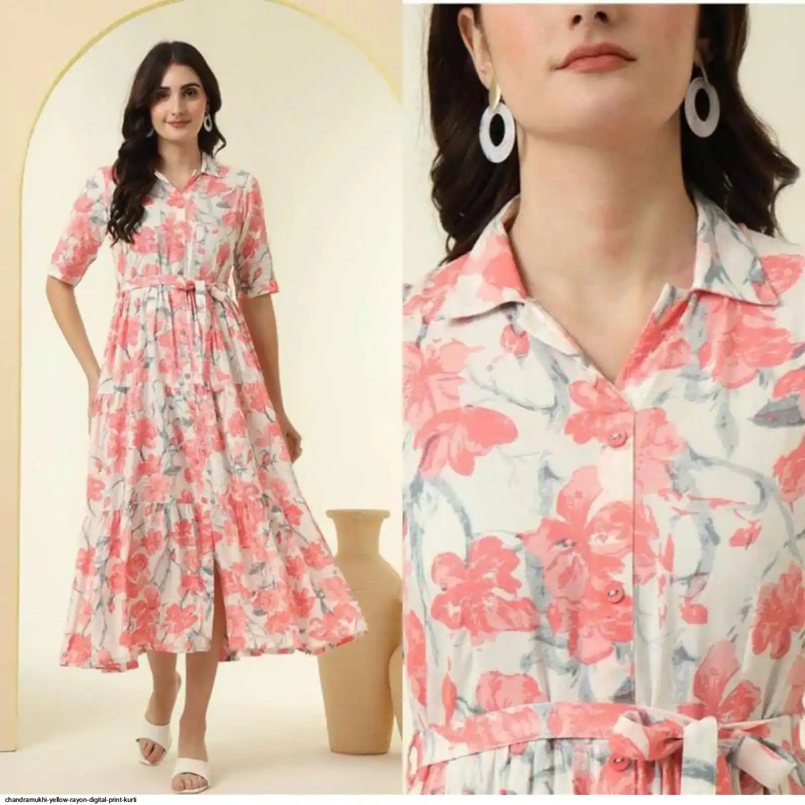CHANDRAMUKHI YELLOW RAYON DIGITAL PRINT WESTERN KURTI WITH BELT G