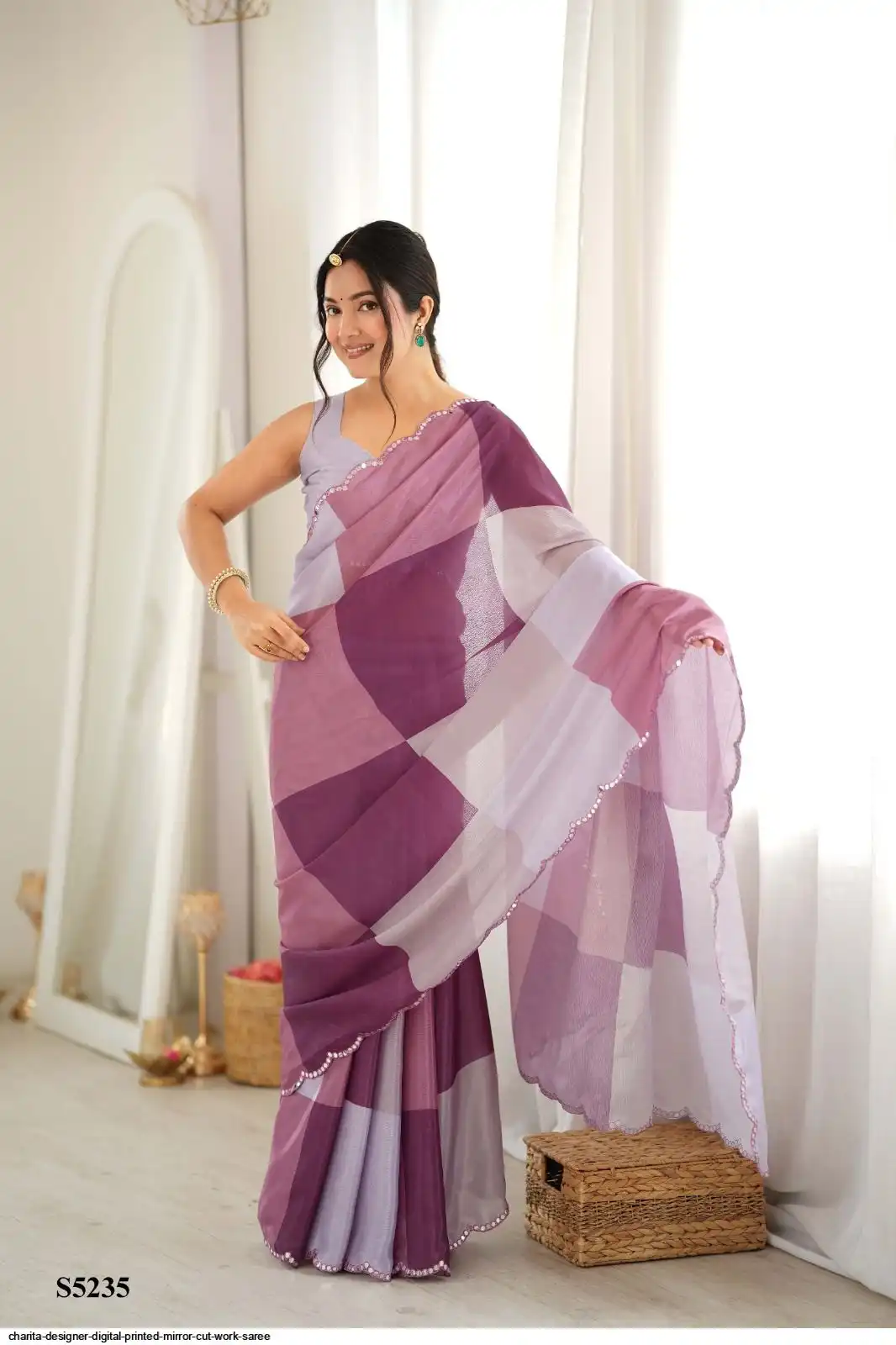 CHARITA DESIGNER DIGITAL PRINTED MIRROR CUT WORK SAREE H