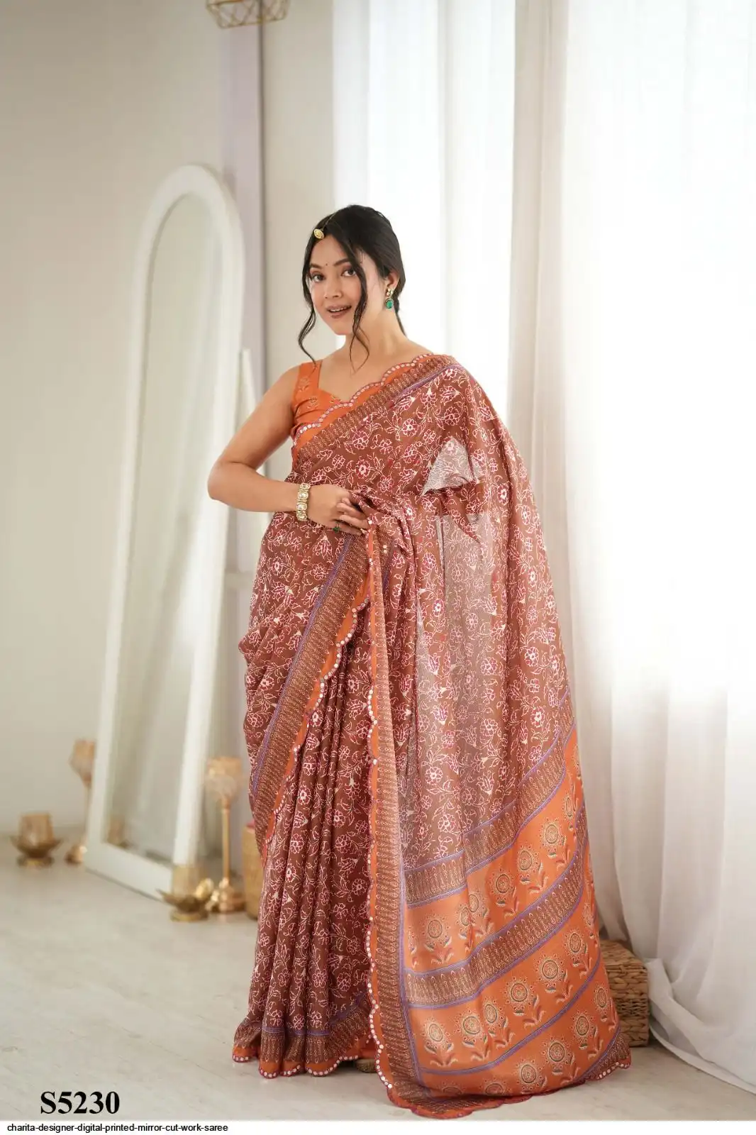 CHARITA DESIGNER DIGITAL PRINTED MIRROR CUT WORK SAREE C