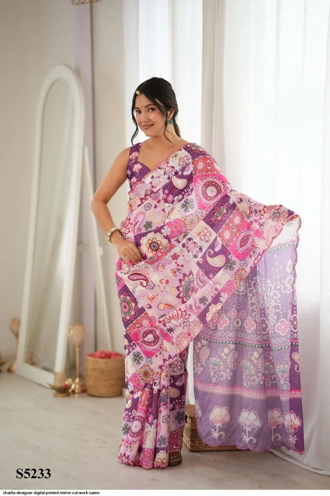 CHARITA DESIGNER DIGITAL PRINTED MIRROR CUT WORK SAREE F