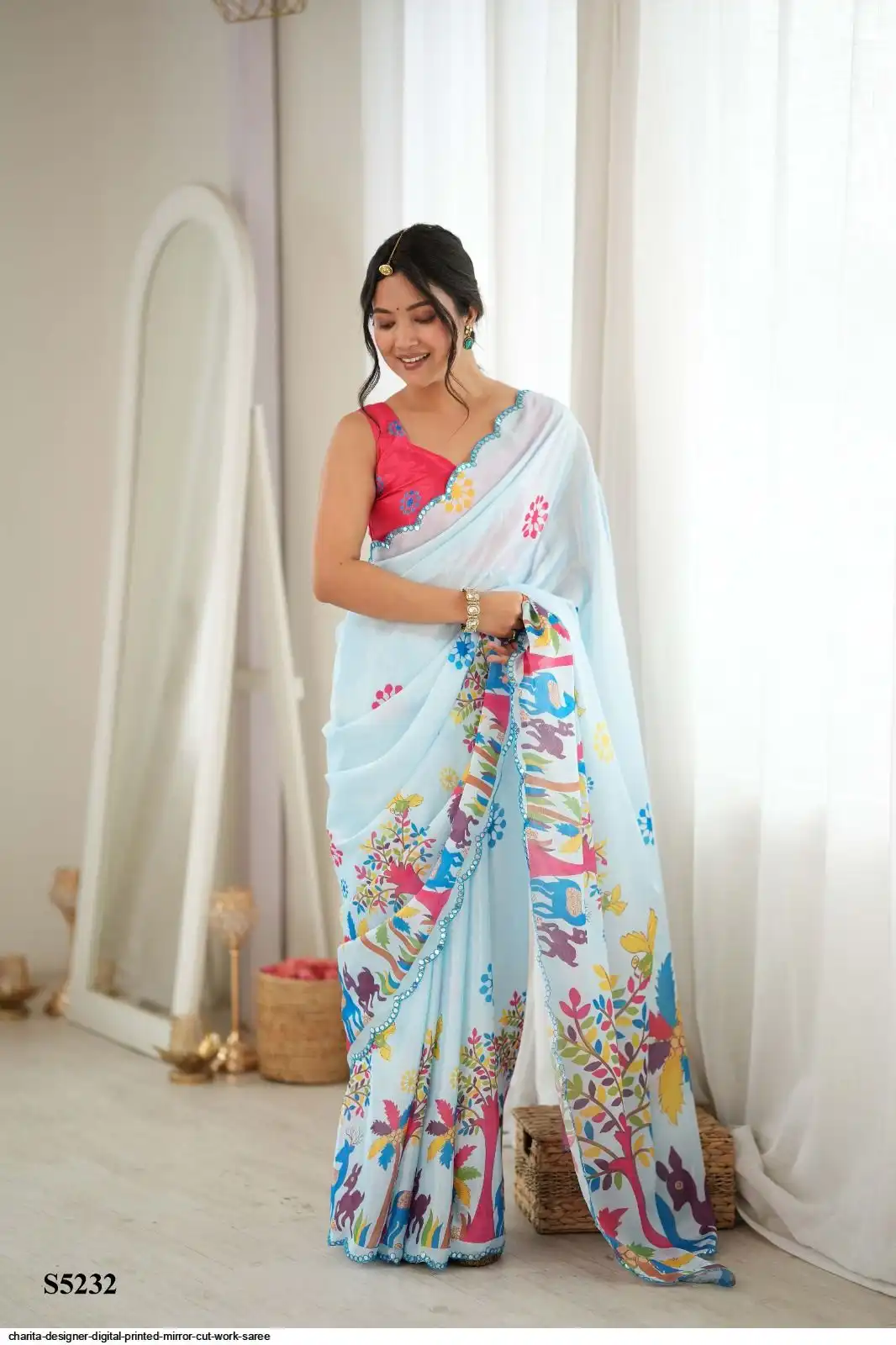 CHARITA DESIGNER DIGITAL PRINTED MIRROR CUT WORK SAREE E