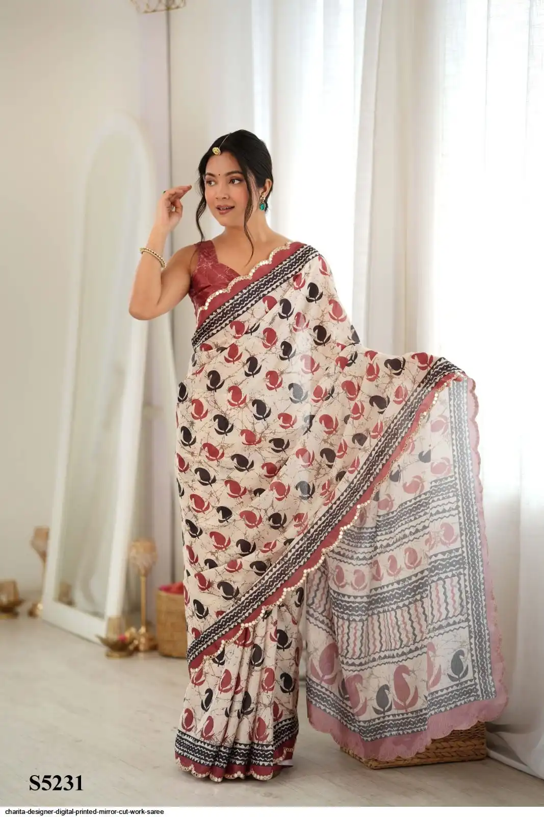CHARITA DESIGNER DIGITAL PRINTED MIRROR CUT WORK SAREE D