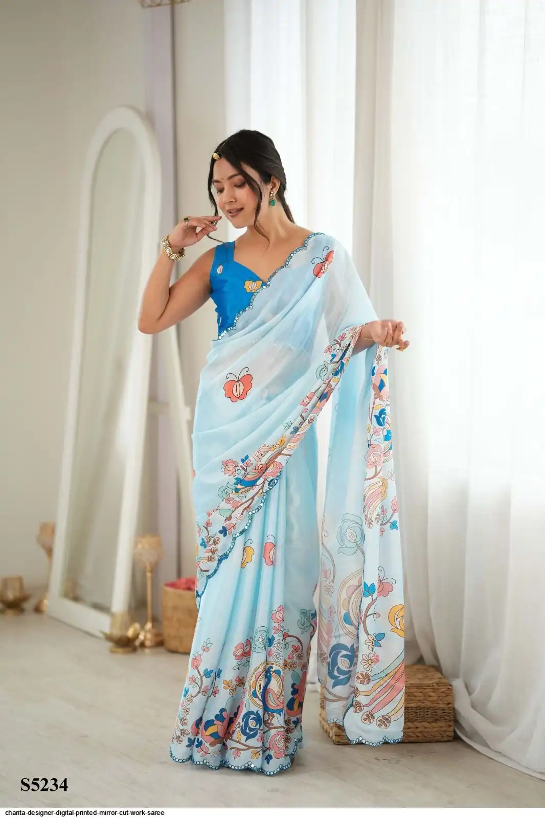 CHARITA DESIGNER DIGITAL PRINTED MIRROR CUT WORK SAREE G