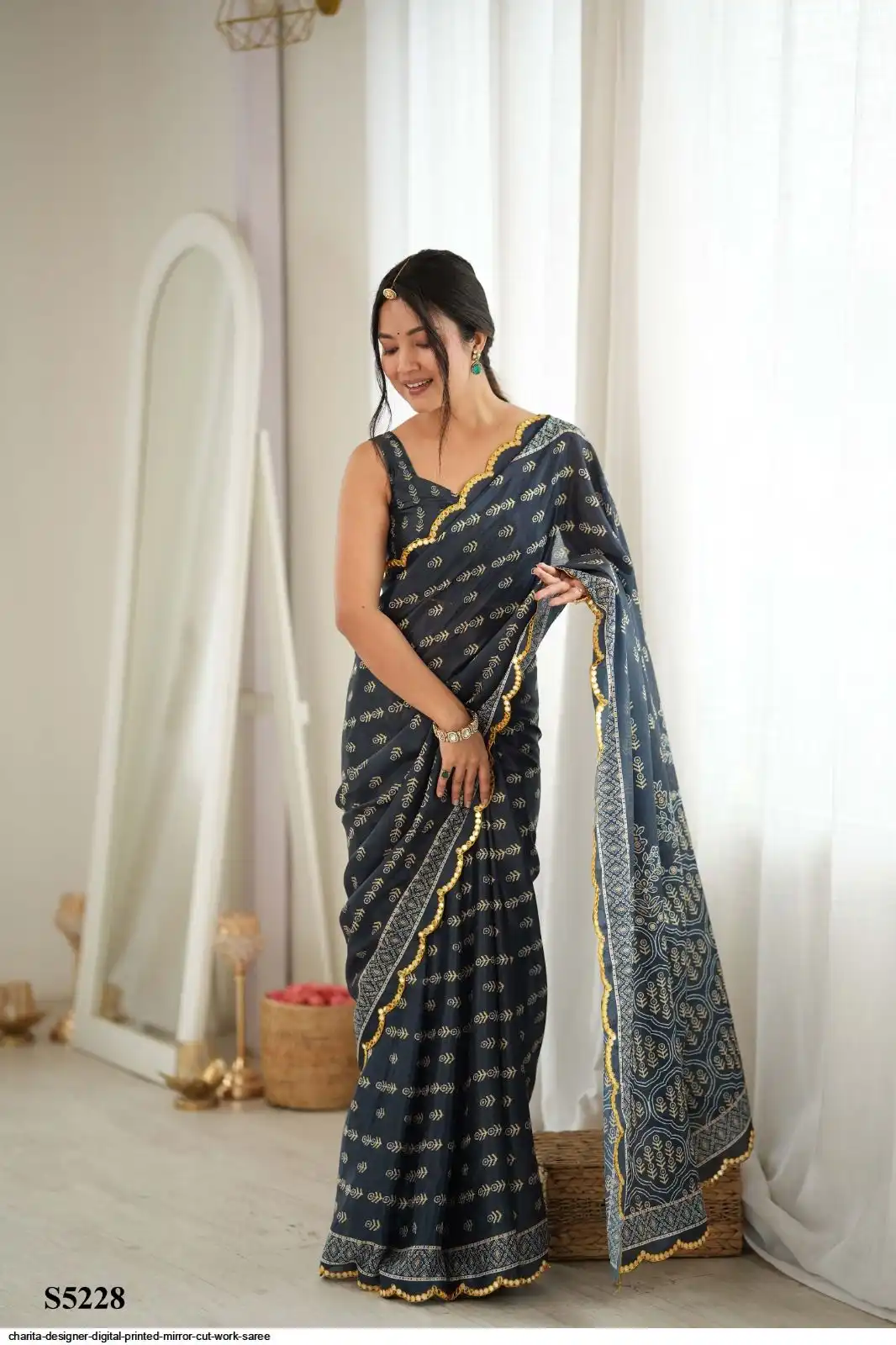 CHARITA DESIGNER DIGITAL PRINTED MIRROR CUT WORK SAREE A