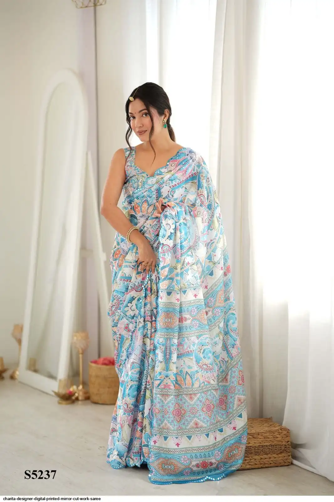 CHARITA DESIGNER DIGITAL PRINTED MIRROR CUT WORK SAREE J