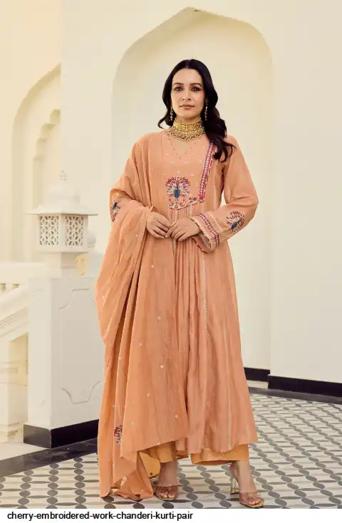 CHERRY EMBROIDERED WORK CHANDERI KURTI PAIR B
