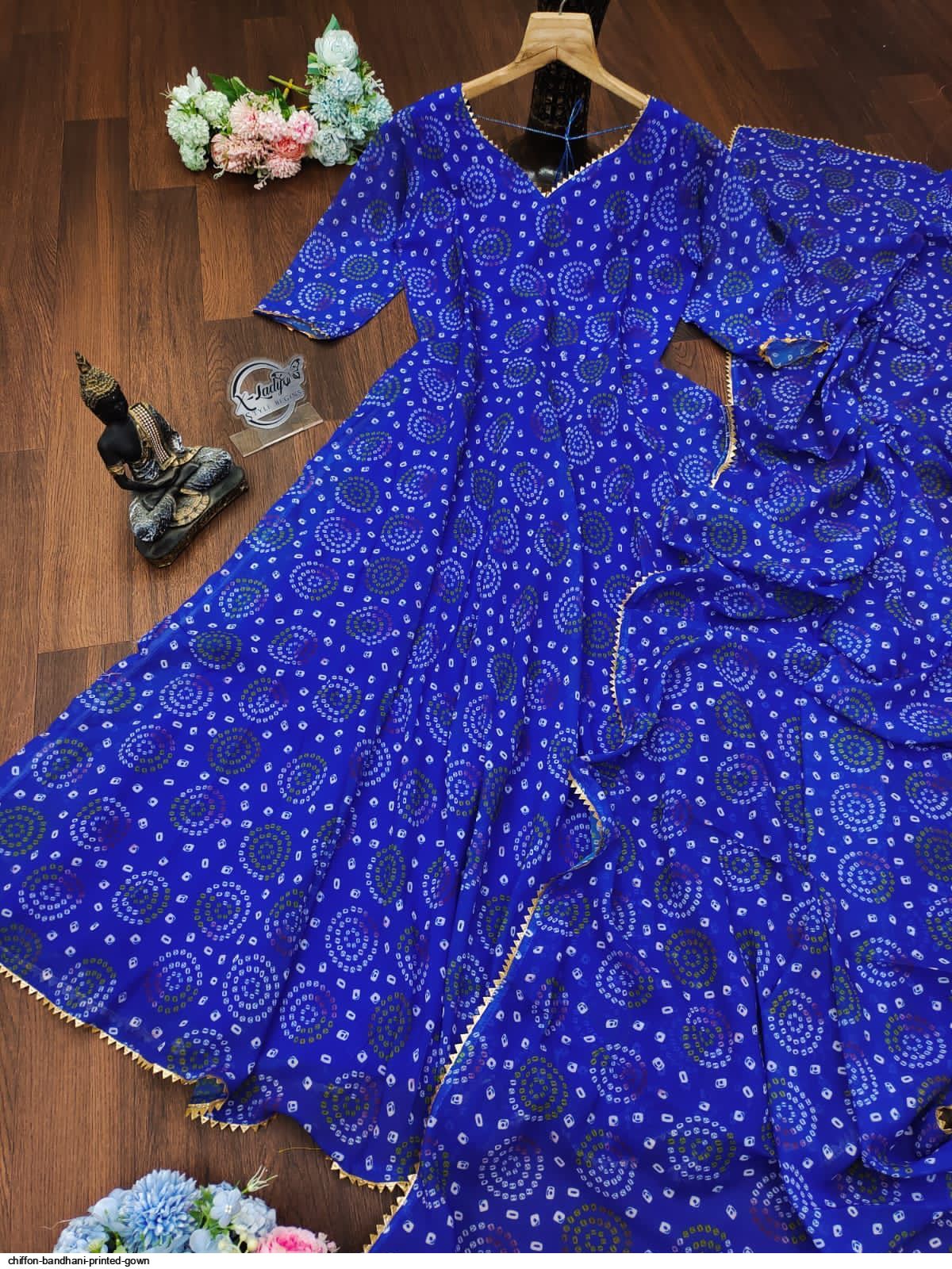 white christmas dresses Blue Bandhani Chiffon Three-Piece Suit