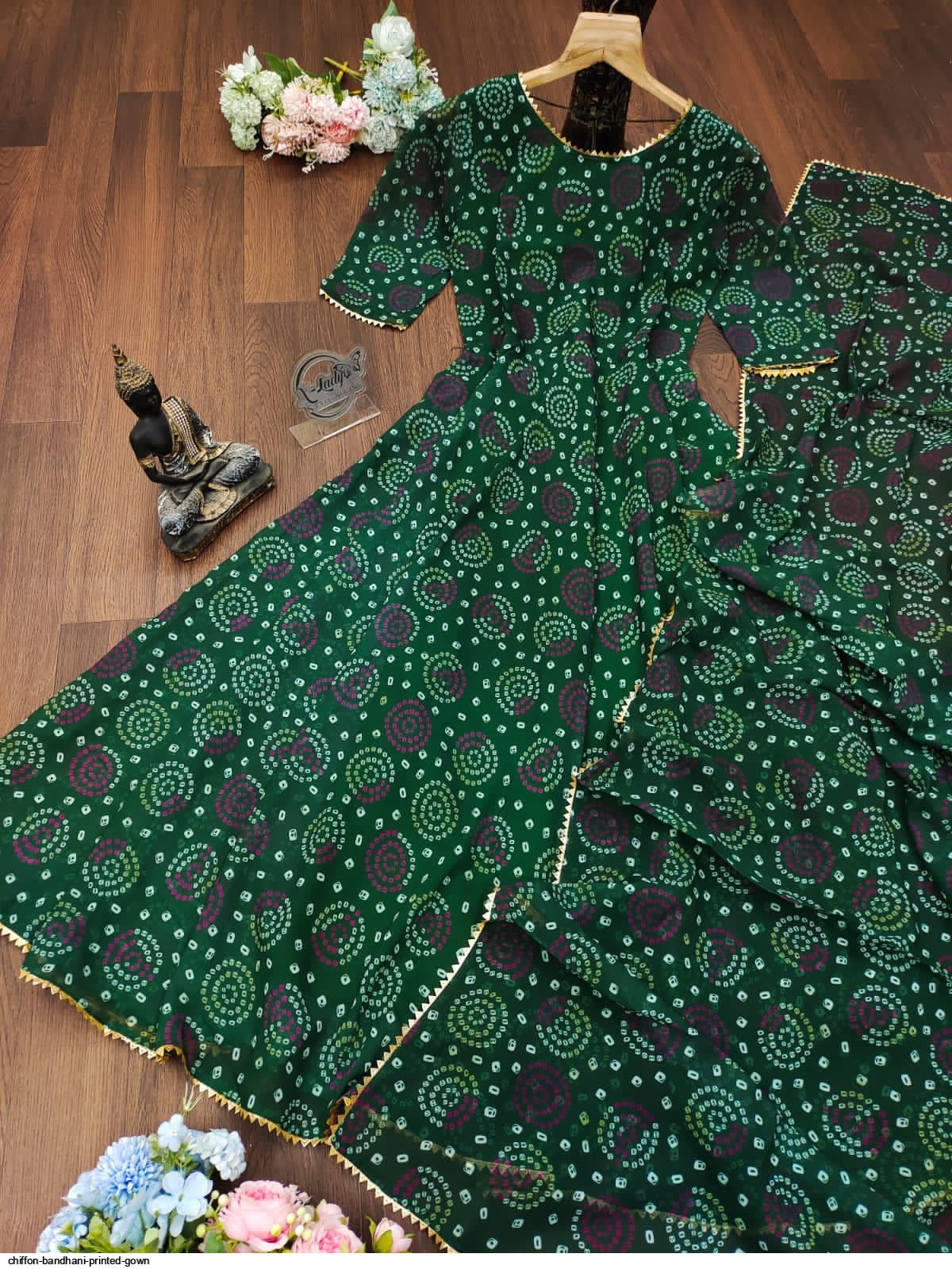Chiffon bandhani printed gown