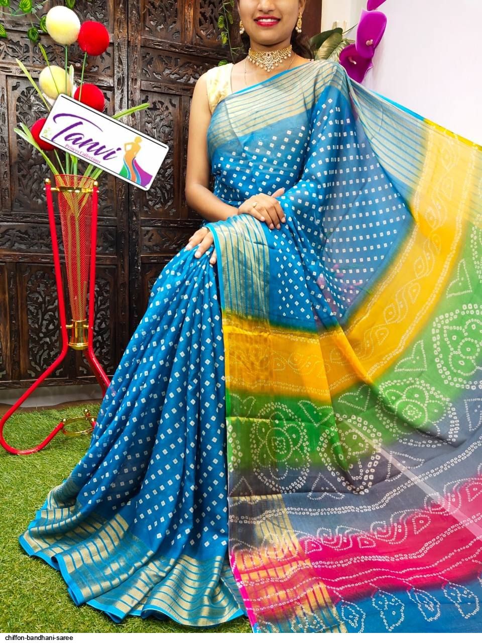 Buy Chiffon Zari Bandhej Saree Online -