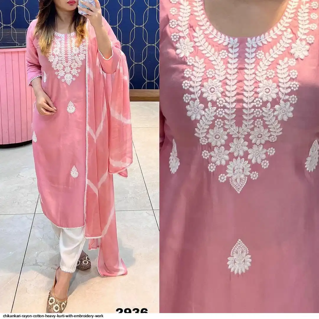 CHIKANKARI RAYON COTTON HEAVY KURTI WITH EMBROIDERY WORK 1