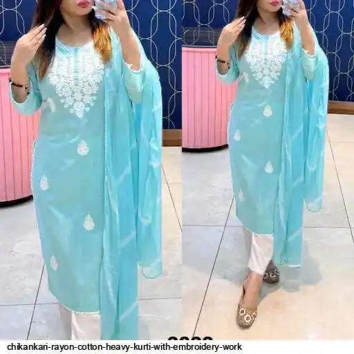 CHIKANKARI RAYON COTTON HEAVY KURTI WITH EMBROIDERY WORK 2