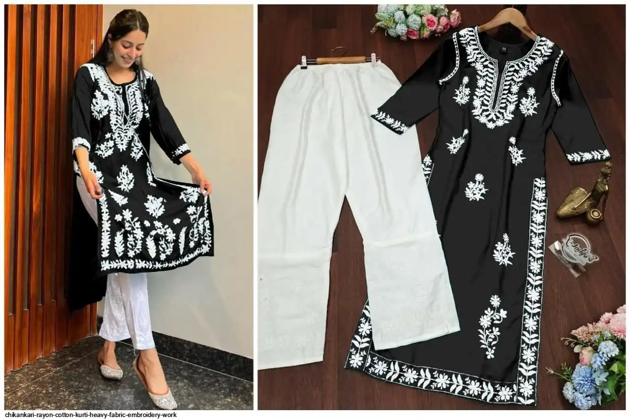 CHIKANKARI RAYON COTTON KURTI HEAVY FABRIC EMBROIDERY WORK 5