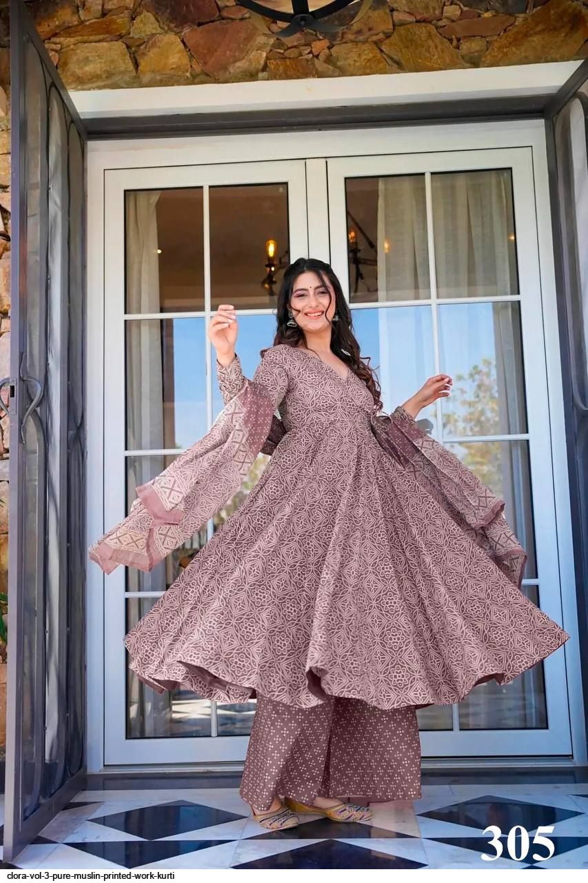 CLORA VOL 3 PURE MUSLIN PRINTED WORK KURTI 305