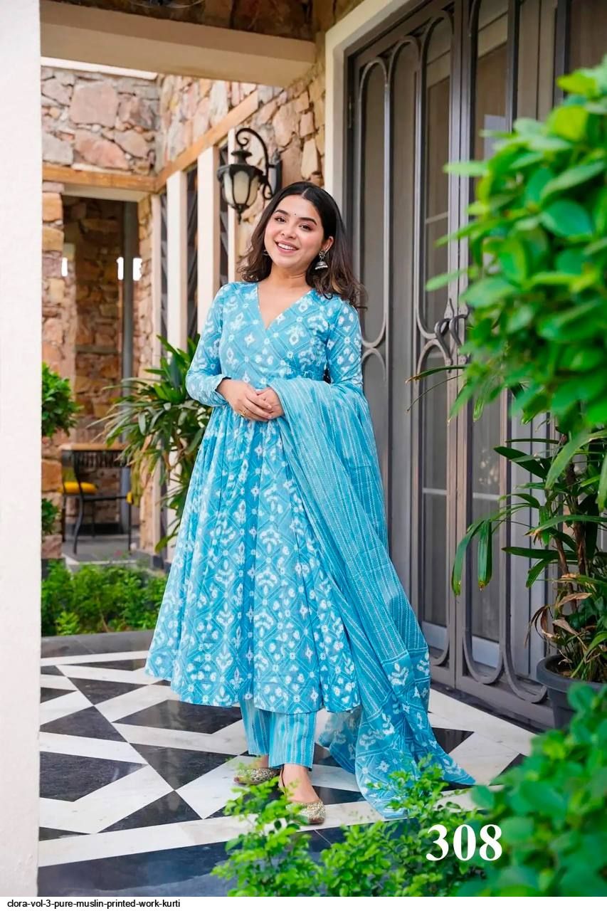 CLORA VOL 3 PURE MUSLIN PRINTED WORK KURTI 308