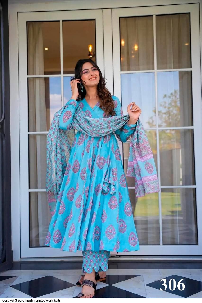 CLORA VOL 3 PURE MUSLIN PRINTED WORK KURTI 306