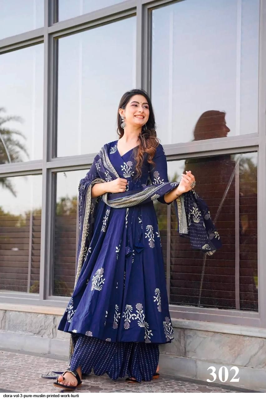CLORA VOL 3 PURE MUSLIN PRINTED WORK KURTI 302
