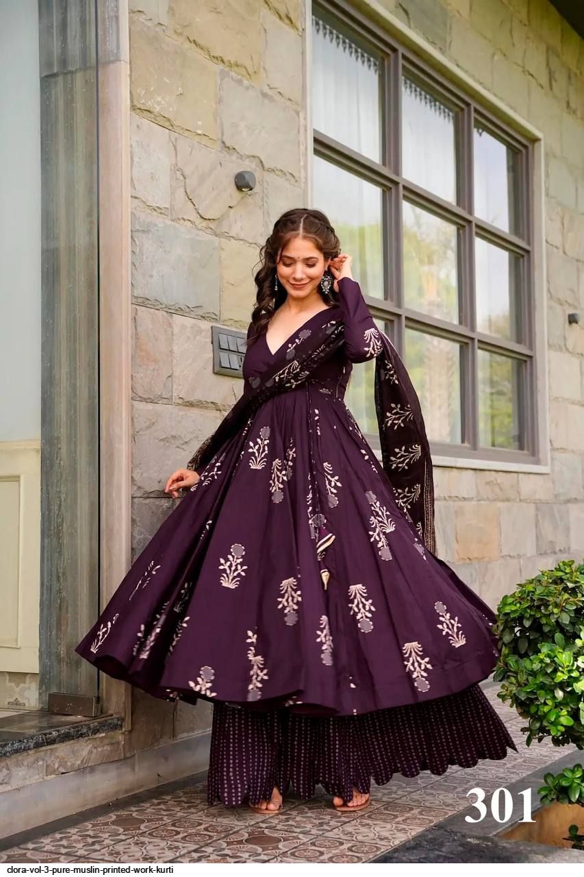 CLORA VOL 3 PURE MUSLIN PRINTED WORK KURTI 301