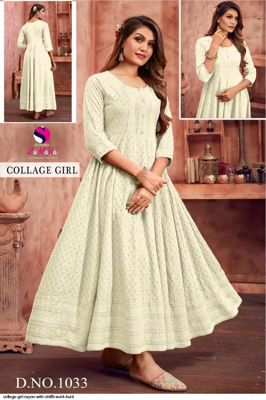 COLLEGE GIRL RAYON WITH SHIFFLI WORK KURTI 1033