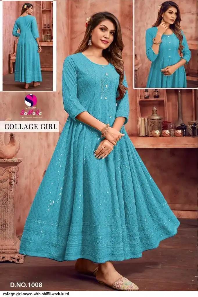 COLLEGE GIRL RAYON WITH SHIFFLI WORK KURTI 1008